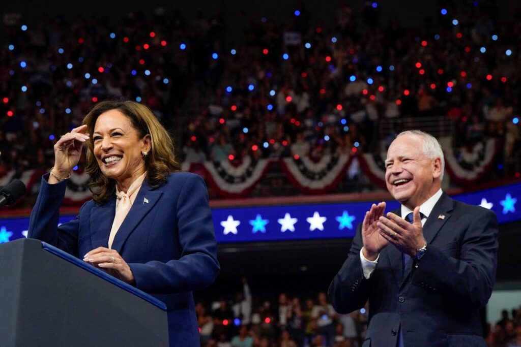 Kamala Harris and running mate Tim Walz take the stage at packed Philadelphia rally