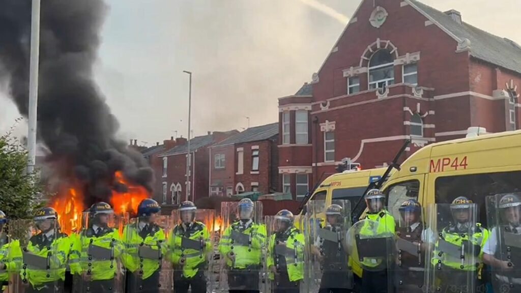 Rioting broke out in Southport after the fatal stabbing of three girls. Pic: PA