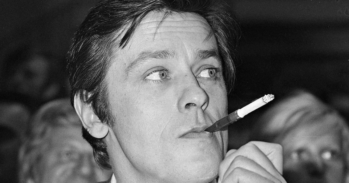 Photographie du 5 mars 1976 de l'acteur Alain Delon lors d'un match de boxe