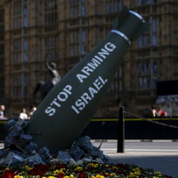 An installation in Westminster calling on the UK government to stop arms sales to Israel. Pic: PA