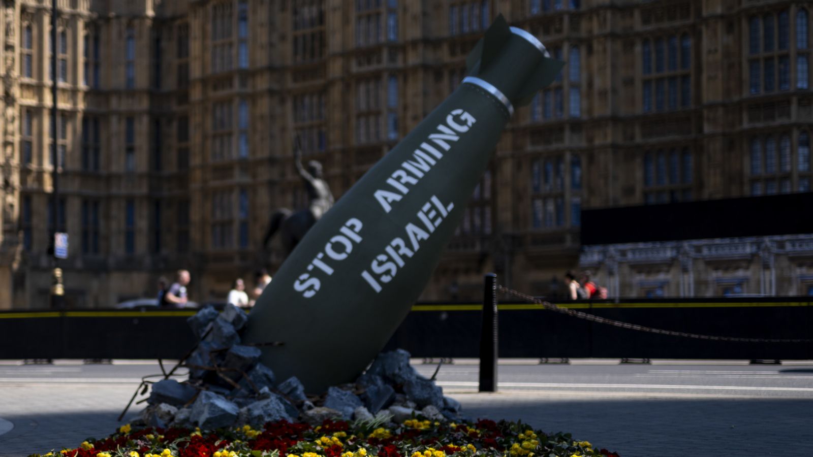 An installation in Westminster calling on the UK government to stop arms sales to Israel. Pic: PA