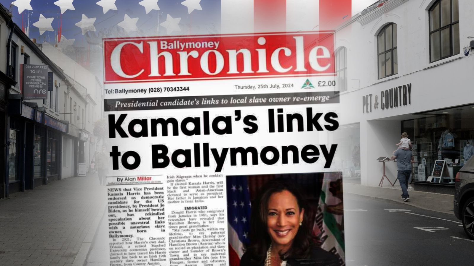 There is a seeming reticence to embrace Kamala Harris's Irish heritage in Ballymoney