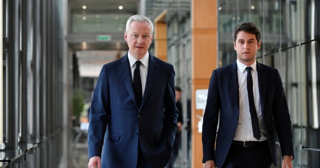 Le ministre de l'Economie et des Finances Bruno Le Maire (gauche) et Gabriel Attal, alors ministre chargé des Comptes publics, photographiés au ministère de l'Economie et des Finances à Paris le 19 juin 2023