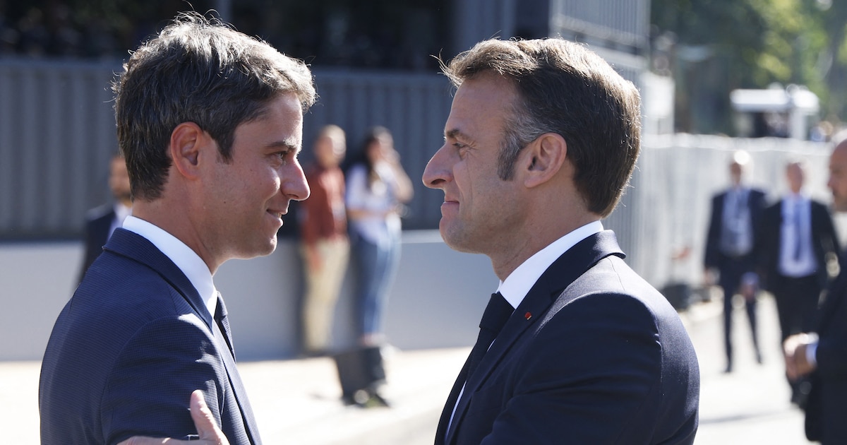 Le président français Emmanuel Macron et le Premier ministre français Gabriel Attal lors du défilé du 14 juillet 2024, à Paris.