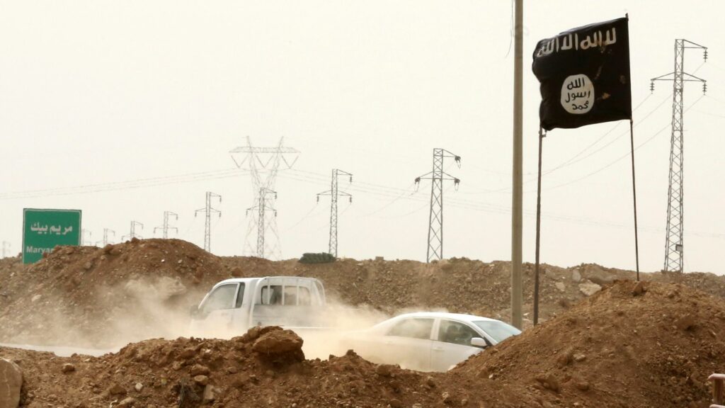 Islamic State militants pass a checkpoint bearing the group's trademark black flag in Iraq. File pic: AP