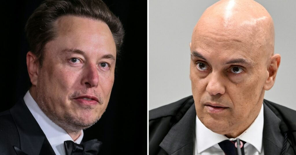 A gauche, le propriétaire du réseau social X Elon Musk le 13 avril 2024 à Los Angeles et, à droite, le juge à la Cour suprême brésilienne Alexandre de Moraes, le 18 juin 2024 à Brasilia