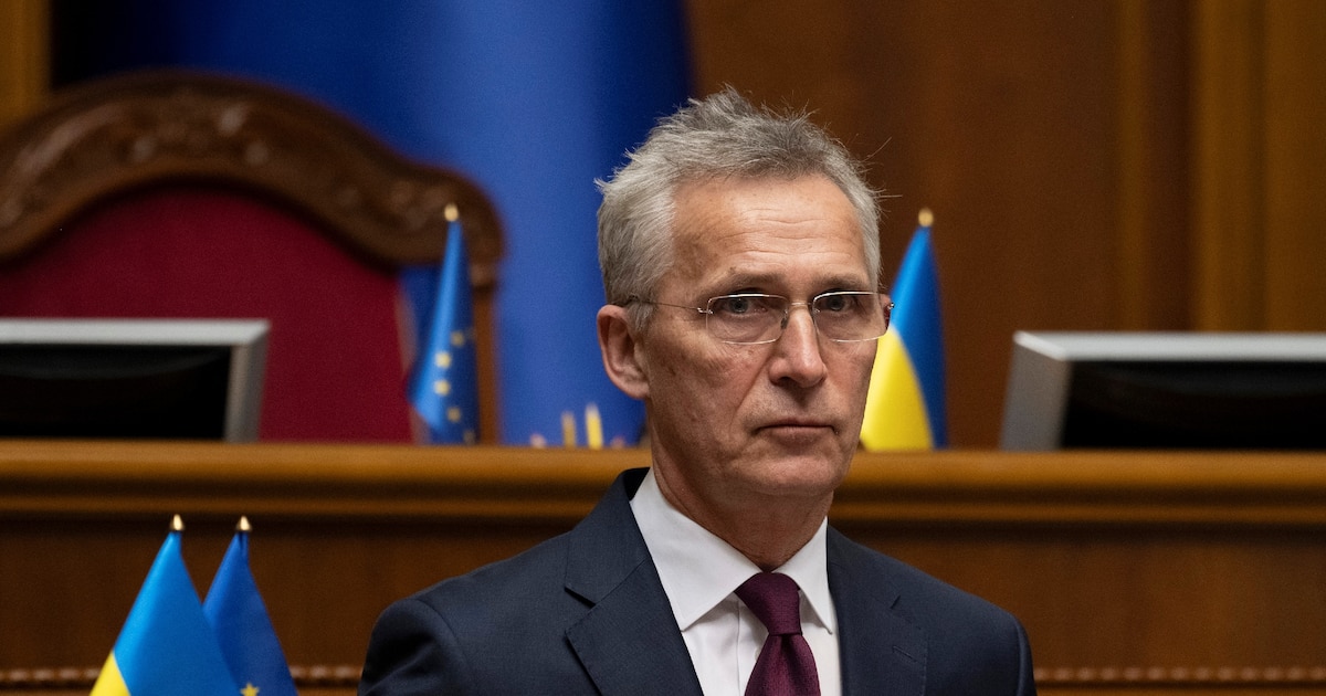 Le secrétaire général de l'Otan Jens Stoltenberg, au Parlement ukrainien le 29 avril 2024 à Kiev