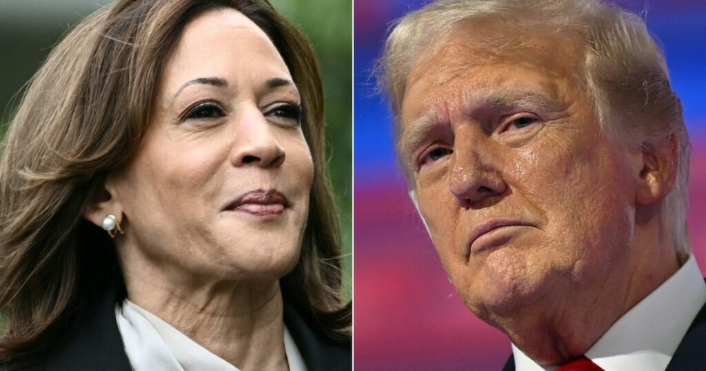 Combinaison de photos du 22 juillet 2024 montrant à gauche la vice-présidente démocrate Kamala Harris et le candidat républicain Donald Trump à droite