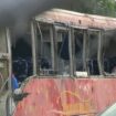 A damaged bus is shown after several people were killed and dozens injured after the commercial bus overturned on Interstate 20 early Saturday, Aug. 31 2024 in Warren County, Miss., according to the Mississippi Highway Patrol. (WAPT via AP)