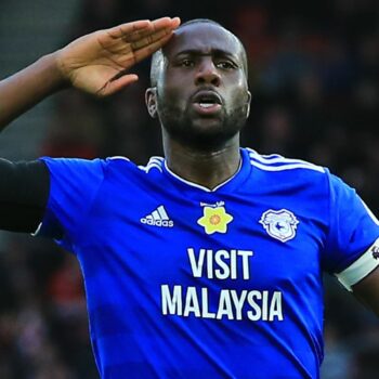 Sol Bamba celebrating scoring a goal for Cardiff in 2019. Pic: PA