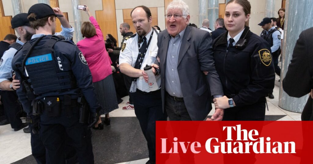 Australia politics live: police remove climate protesters from Parliament House; Cash says Gaza humanitarian visas should be paused ‘until peace is restored’