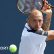 Dan Evans hits a backhand return in his US Open first-round match against Karen Khachanov