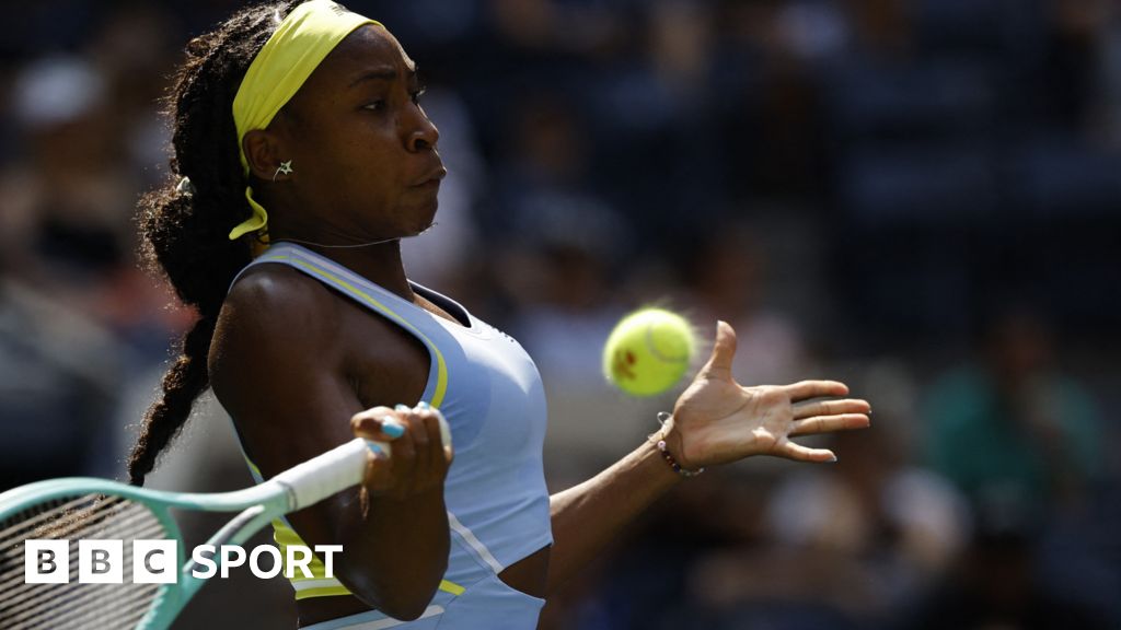 Coco Gauff plays a forehand shot at the US Open