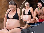 Pregnant Margot Robbie showcases her growing baby bump in a black bikini while relaxing with husband Tom Ackerley during sun-soaked break to Italy