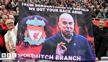 Liverpool fans hold up a banner before Arne Slot's first Premier League game at Anfield