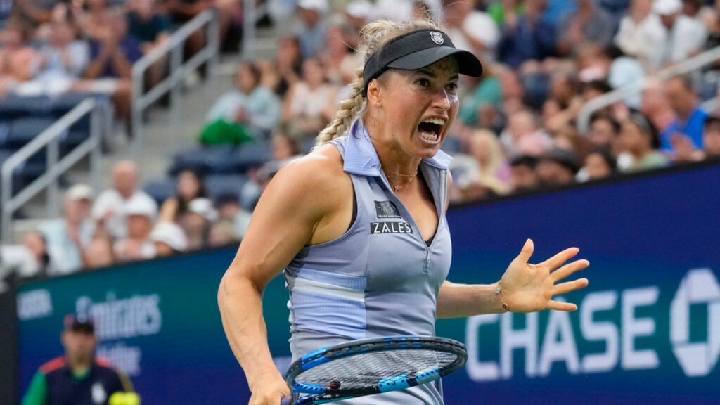 Yulia Putintseva, of Kazakhstan, reacts during a match against Jasmine Paolini, of Italy, during the third round of the U.S. Open tennis championships, Saturday, Aug. 31, 2024, in New York. (AP Photo/Kirsty Wigglesworth)