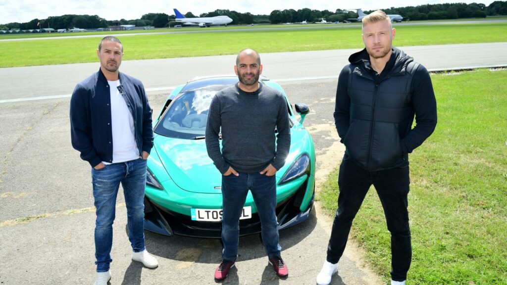 Chris Harris, pictured centre, with Paddy McGuinness (left) and Freddie Flintoff (right) at Dunsfold Park in 2019