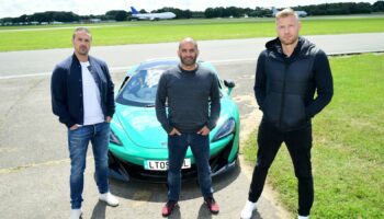 Chris Harris, pictured centre, with Paddy McGuinness (left) and Freddie Flintoff (right) at Dunsfold Park in 2019