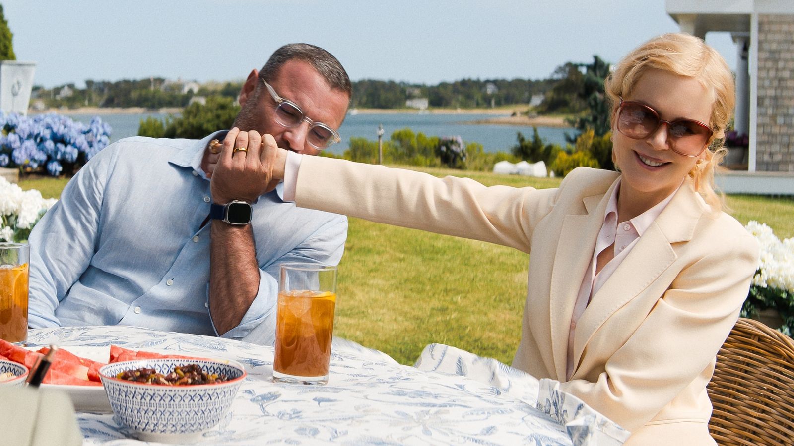 Nicole Kidman with co-star Liev Schreiber in The Perfect Couple. Pic: Netflix