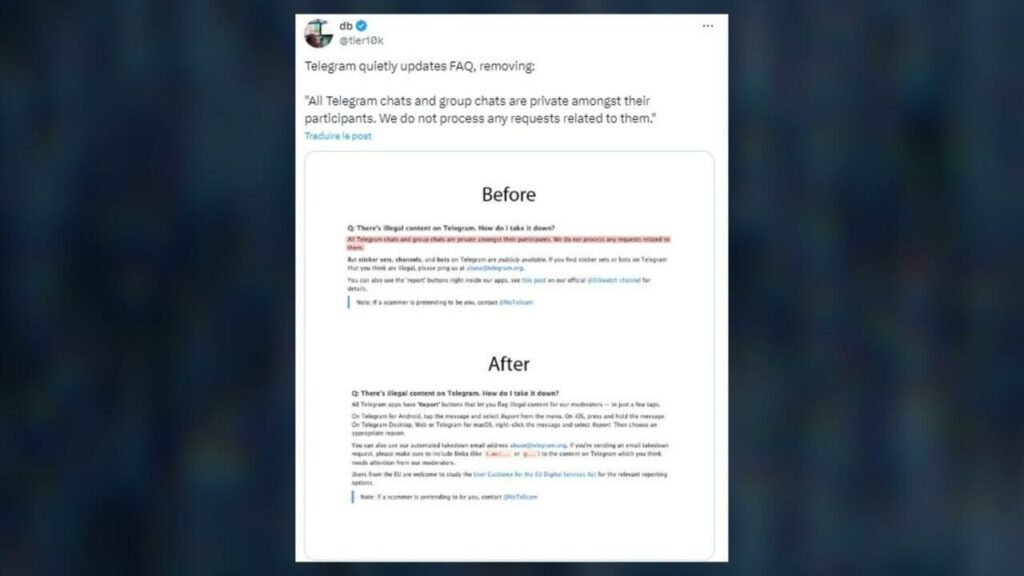 Telegram : des modifications sur la modération des conversations privées ? Retour sur une confusion