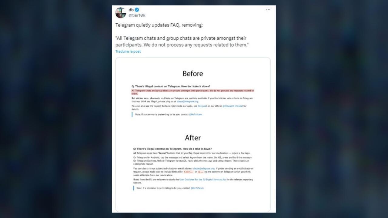 Telegram : des modifications sur la modération des conversations privées ? Retour sur une confusion