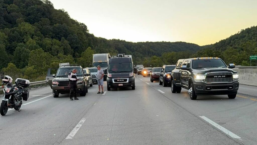 This image released by the Mount Vernon Fire Department shows traffic stopped during an active shooting on Interstate 75 north of London, Ky., Saturday, Sept. 7, 2024. (Camden Mink/Mount Vernon Fire Department via AP)