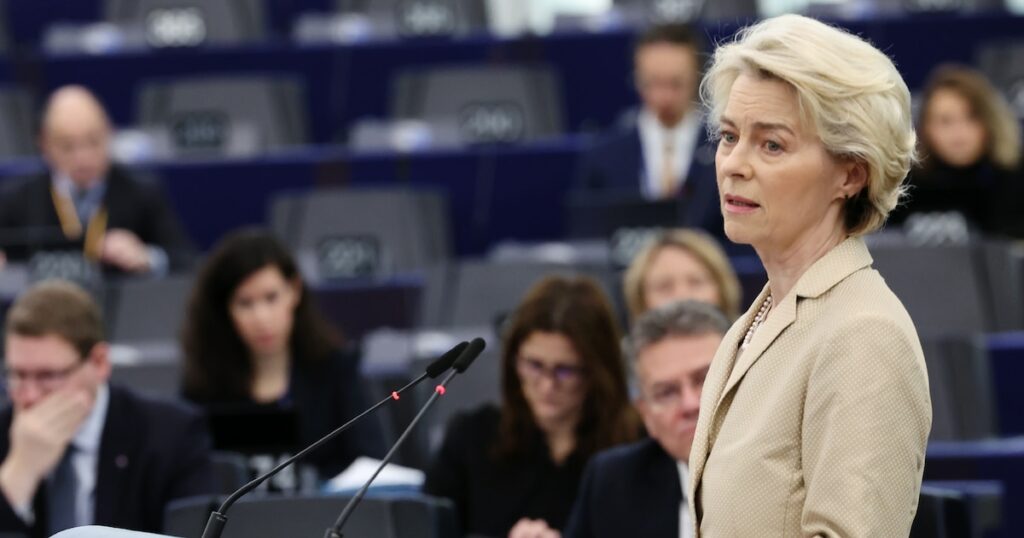 La présidente de la Commission européenne Ursula von der Leyen s'exprime devant le Parlement européen à Strasbourg le 28 février 2024