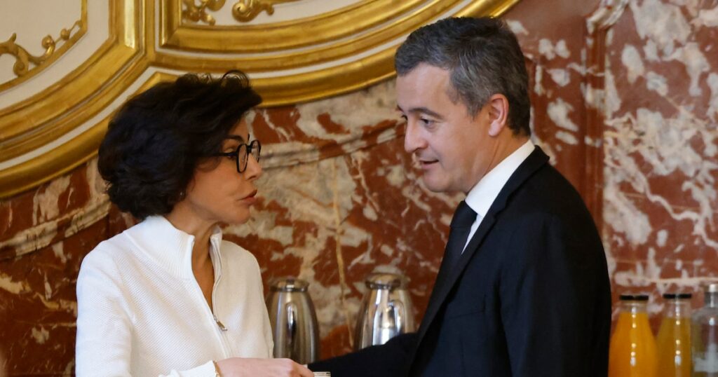 La ministre démissionnaire de la Culture Rachida Dati et celui de l'Intérieur Gérald Darmanin, ici en avril 2024.