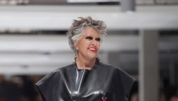 Dame Prue Leith stuns in skintight black latex on London Fashion Week catwalk