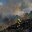 A firefighter works in the area around a fire after the military said it fired interceptors at a missile launched from Yemen that landed in central Israel on Sunday, Sept. 15, 2024. (AP Photo/Ohad Zwigenberg)