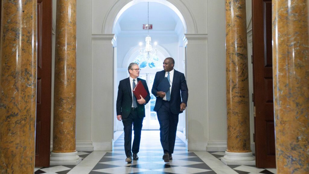 Britain's Prime Minister Keir Starmer, left, and Foreign Secretary David Lammy at the British ambassador's residence in Washington, Friday Sept. 13, 2024, before their meeting with US President Joe Biden. (Stefan Rousseau/Pool via AP)