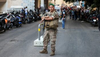 A soldier looks on near American University of Beirut Medical Center (AUBMC) as more than 1,000 people, including Hezbollah fighters and medics, were wounded when the pagers they use to communicate exploded across Lebanon, according to a security source, in Beirut, Lebanon September 17, 2024. REUTERS/Mohamed Azakir