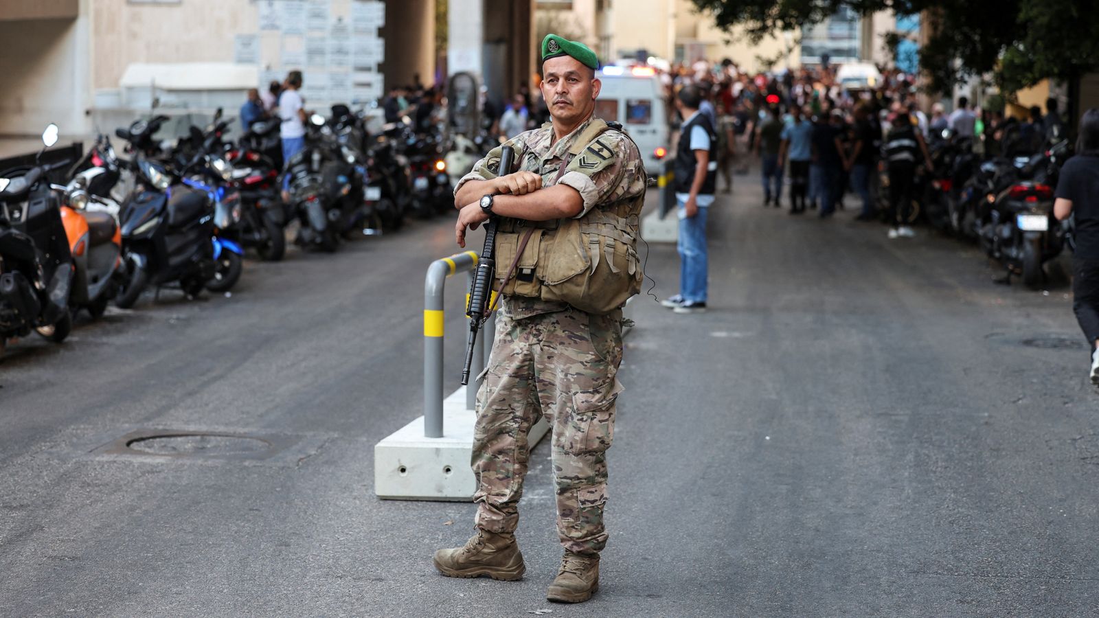 A soldier looks on near American University of Beirut Medical Center (AUBMC) as more than 1,000 people, including Hezbollah fighters and medics, were wounded when the pagers they use to communicate exploded across Lebanon, according to a security source, in Beirut, Lebanon September 17, 2024. REUTERS/Mohamed Azakir