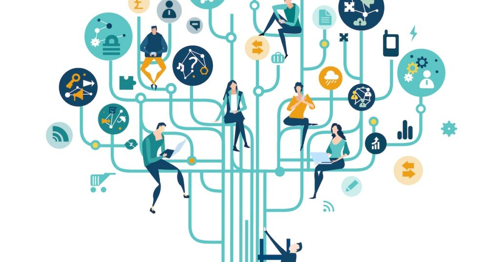 Business people trying get own place in business in the modern internet environment. Hightech electronic, microchips, icons and communication symbols at the background. Business concept illustration.