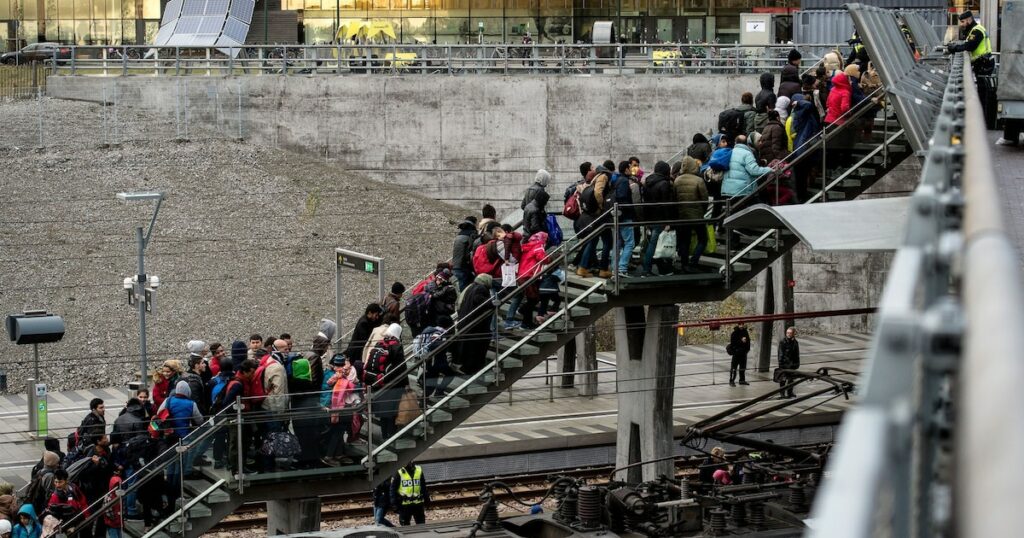 La police rassemble un groupe de migrants en provenance du Danemark, le 19 novembre 2015 près de Malmö, en Suède