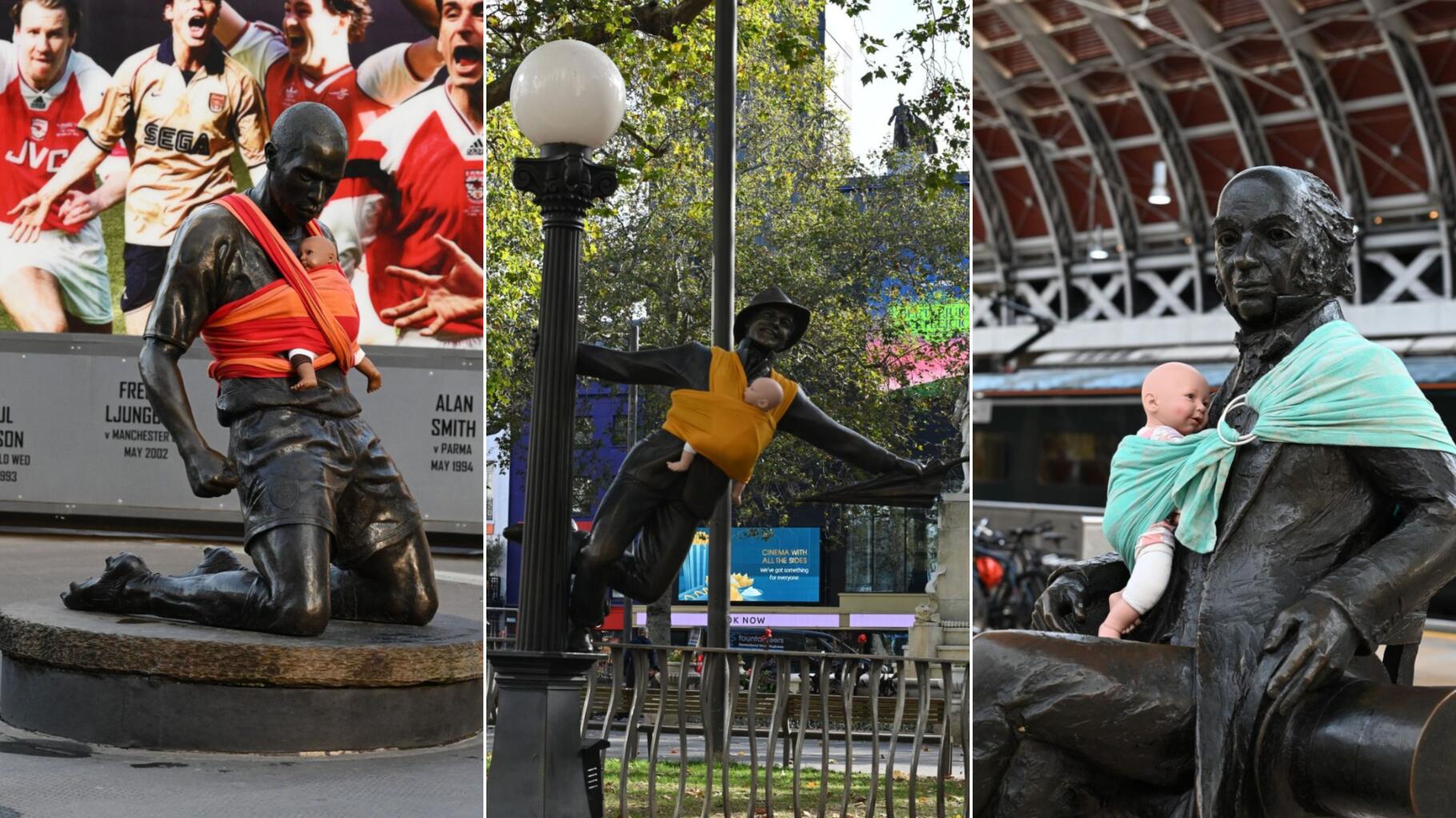 À Londres, ces hommes luttent pour un meilleur congé paternité en accrochant des porte-bébés sur les statues