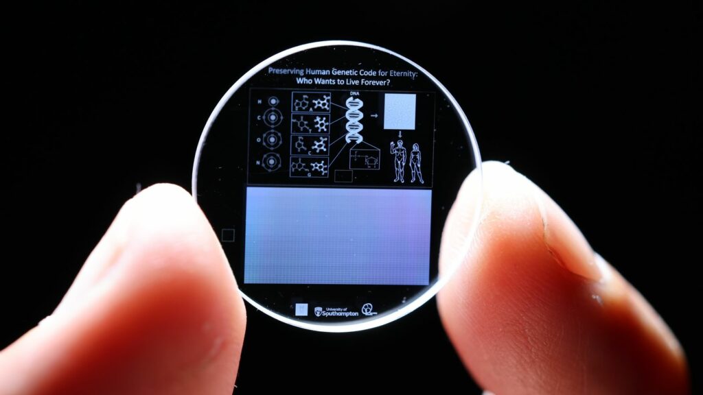 Scientists have stored the full human genome on a 5D memory crystal which they hope could provide a blueprint to bring humanity back from extinction thousands, if not millions, of years in the future. The team from the University of Southampton's Optoelectronics Research Centre (ORC) also said the revolutionary data storage format that can survive for billions of years. Pic: Uni of Southampton