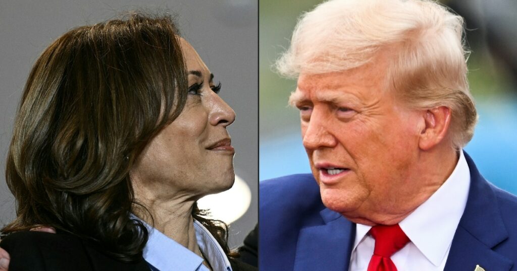 La vice-présidente Kamala Harris, photographiée à Pittsburgh le 2 septembre 2024, et l'ancien président Donald Trump, photographié en Caroline du Nord le 21 août 2024