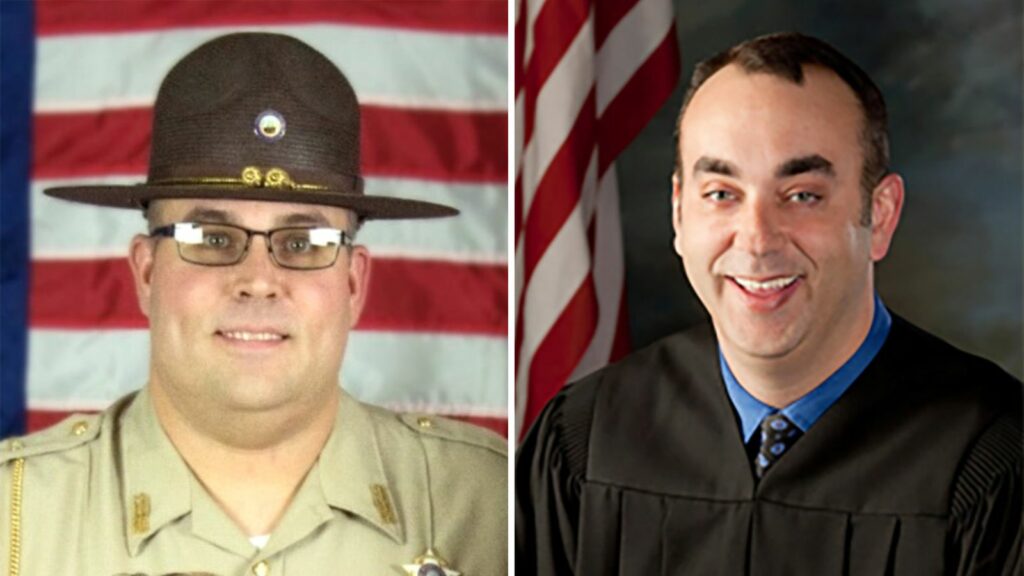 Sheriff Mickey Stines (left) is accused of fatally shooting Judge Kevin Mullins. Pic: NBC