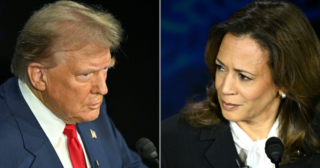 La vice-présidente américaine et candidate démocrate Kamala Harris (droite) et l'ancien président républicain Donald Trump, lors d'un débat à Philadelphie le 10 septembre 2024