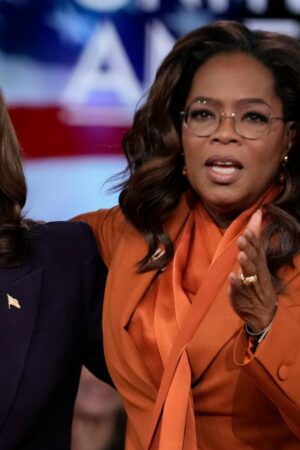 Democratic presidential nominee Vice President Kamala Harris joins Oprah Winfrey at Oprah's Unite for America Live Streaming event Thursday, Sept. 19, 2024 in Farmington Hills, Mich. (AP Photo/Paul Sancya)