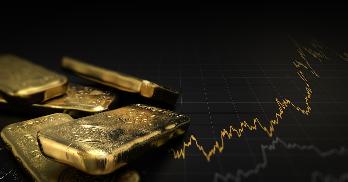 3D illustration of gold ingots over black background with a chart. Financial concept, horizontal image.