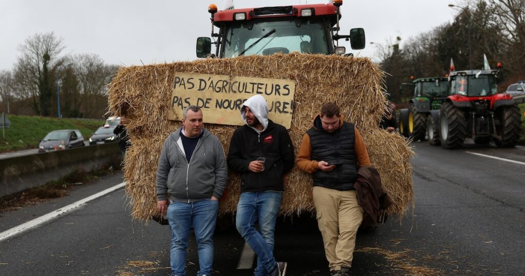 Manifestation d'agriculteurs à Chilly-Mazarin, dans l'Essonne, sur l'A6, le 1er février 2024