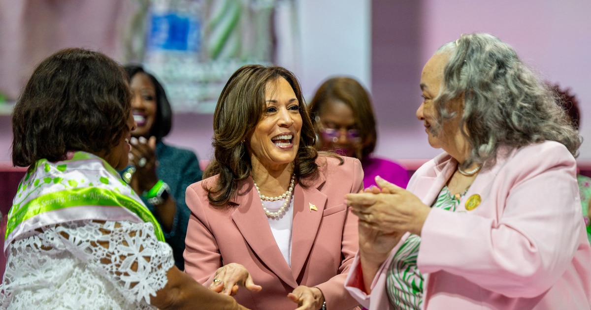 DALLAS, TEXAS - 10 JUILLET : La vice-présidente des États-Unis Kamala Harris salue les membres de la sororité Alpha Kappa Alpha après s'être exprimée au Kay Bailey Hutchison Convention Center le 10 juillet 2024 à Dallas, au Texas. La vice-présidente s'est adressée à environ 20 000 membres de sa sororité dans le cadre d'un effort continu de mobilisation en vue de l'élection présidentielle de novembre prochain.   Brandon Bell/Getty Images/AFP (Photo by Brandon Bell / GETTY IMAGES NORTH AMERICA / Getty Images via AFP)