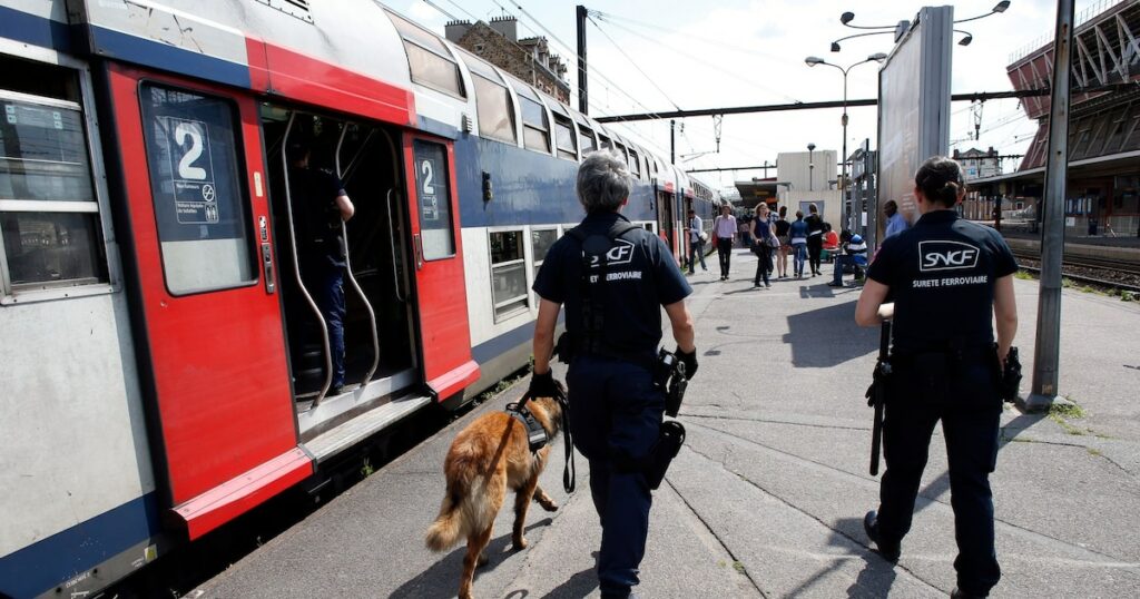 Des agents de la police ferroviaire de la SNCF à côté d'une rame du RER D à la gare de Juvisy-sur-Orge, dans l'Essonne, en 2012