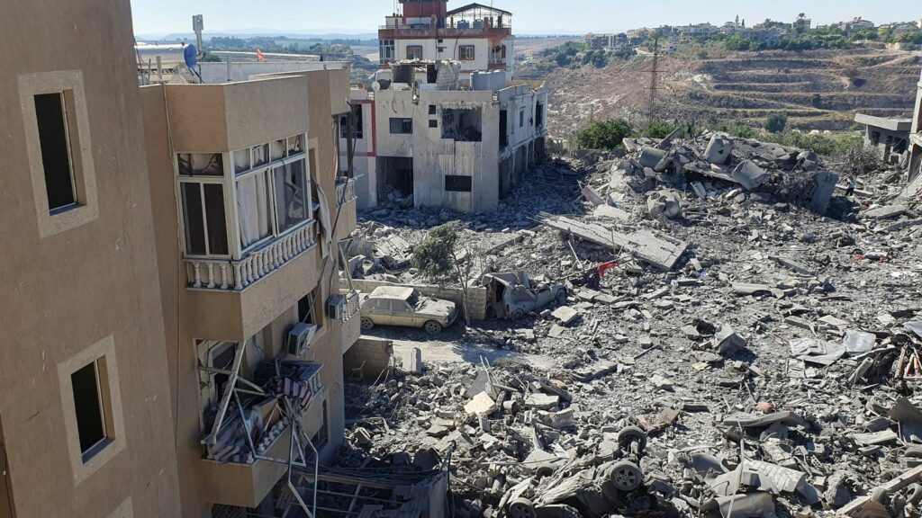 The rubble of destroyed buildings lies at the site of Israeli strikes in Saksakiyeh, southern Lebanon September 26, 2024. REUTERS/Ali Hankir