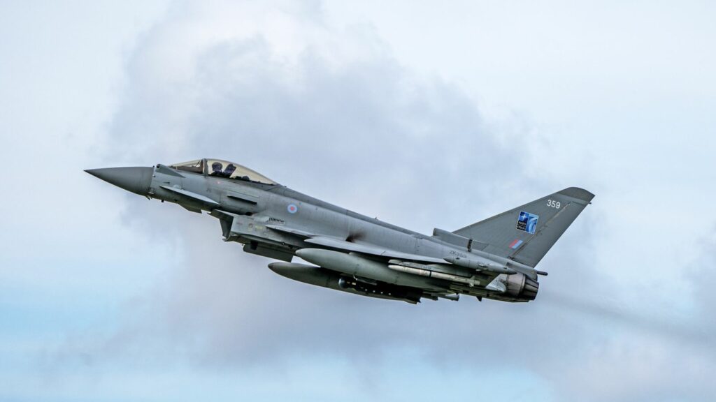 An RAF Typhoon jet takes off on a training exercise at Amari Airbase in Estonia. Here a squadron of RAF Eurofighter Typhoon jets are deployed for Operation Azotize, Nato's Baltic air policing mission to police the airspace over Nato's eastern border. Picture date: Wednesday July 26, 2023.