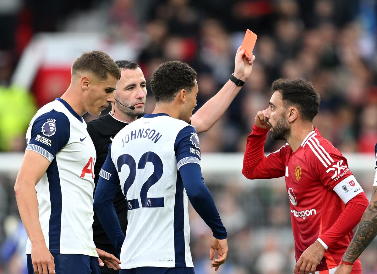 Why was Bruno Fernandes sent off against Tottenham?