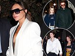 Braless Victoria Beckham heads to dinner with husband David and kids Harper, 13, Cruz, 19, and his new girlfriend Jackie Apostel following her successful PFW show