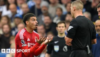 Morgan Gibbs-White protests after being sent off against Brighton